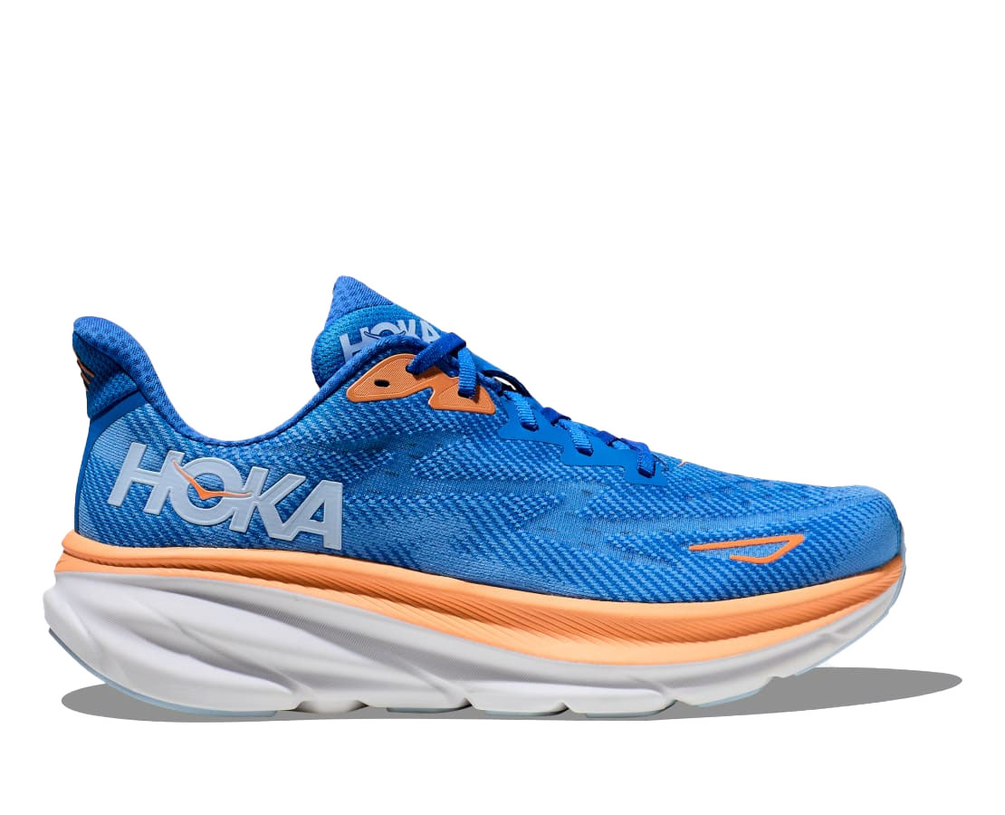 The HOKA Clifton 9, in Coastal Sky/All Aboard.