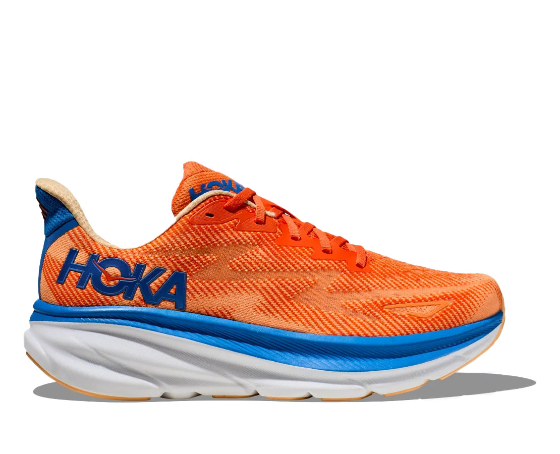 The HOKA Clifton 9, in Vibrant Orange/Impala.
